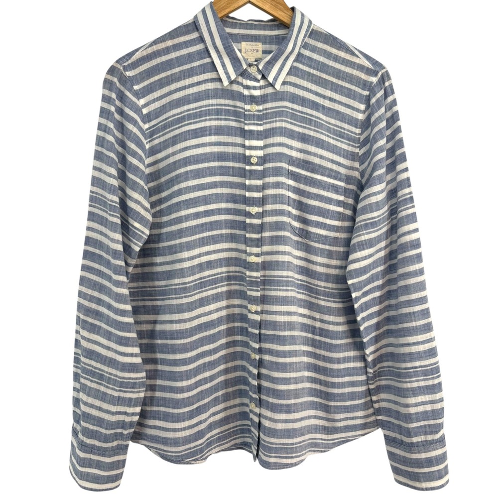 J.Crew‎ The Perfect Shirt Women Blue White Striped Cotton Button Down Large